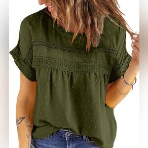 Dokotoo Summer Tops Crewneck Lace Crochet Short Sleeve Shirts Casual Chiffon